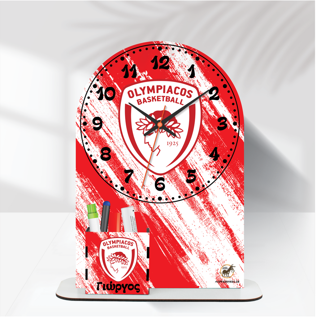 Ρολόι Επιτραπέζιο Ολυμπιακός Basket με Όνομα & Μολυβοθήκη
